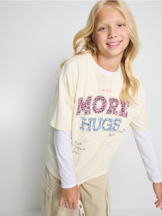 Sinsay - Tricou din bumbac cu inscripție - crem