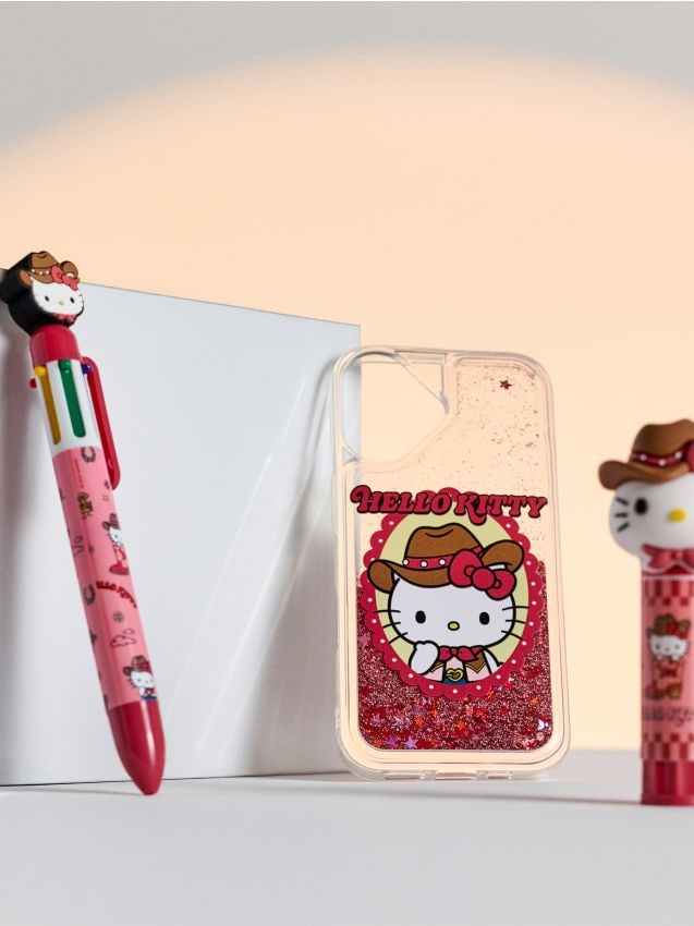Sinsay - Husă pentru iPhone 16 cu sclipici și motiv cowboy Hello Kitty - roșu
