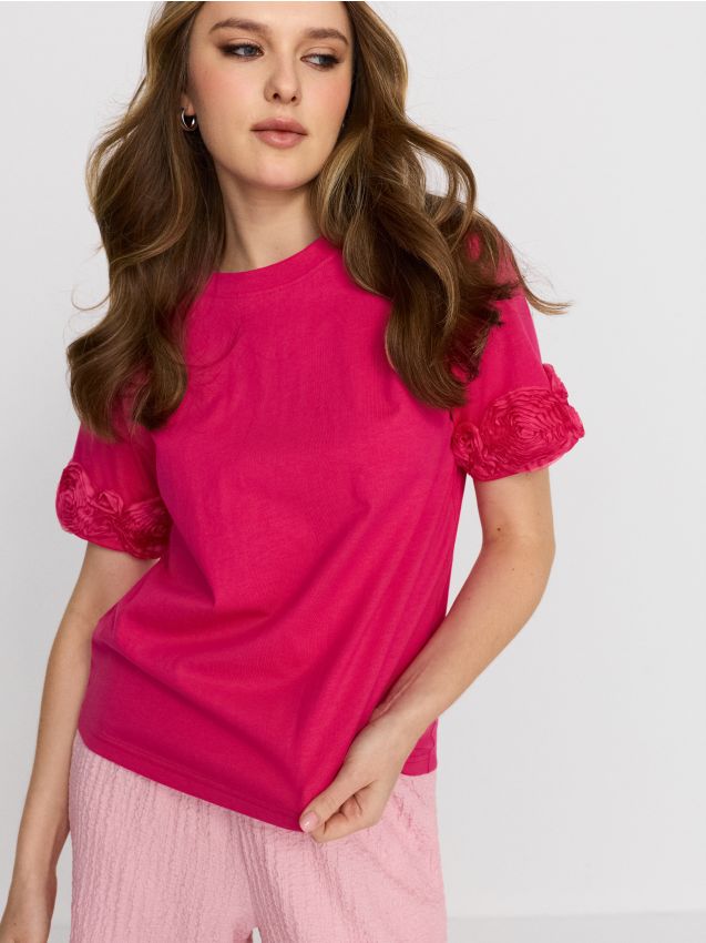 Sinsay - Bluză din bumbac cu flori decorative pe mâneci - roz-fuchsia