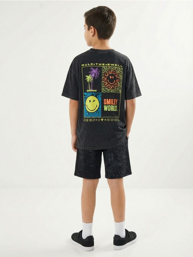 Sinsay - Tricou oversized cu efect de decolorare și imprimeu pe spate SmileyWorld® - negru