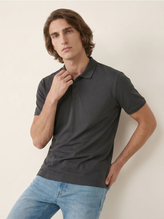 Sinsay - Tricou polo din bumbac - negru-antracit