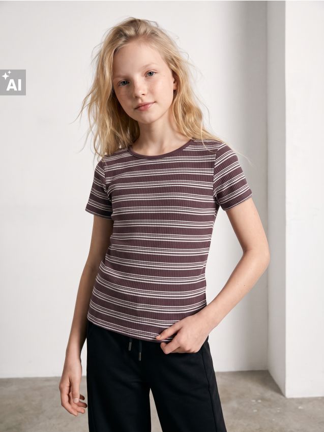 Sinsay - Tricou raiat cu dungi - maro-închis
