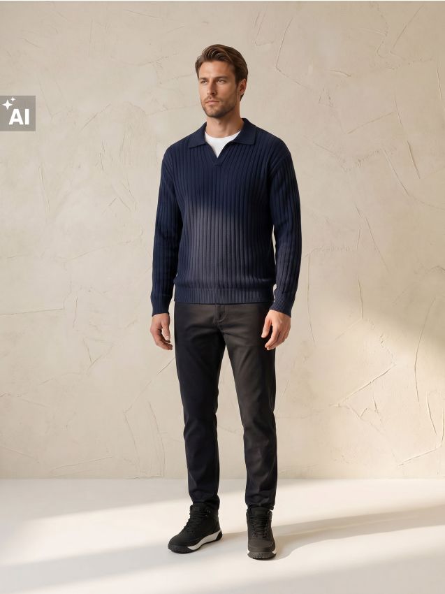 Sinsay - Pulover polo cu tricot decorativ și inserție tip tricou fals - bleumarin