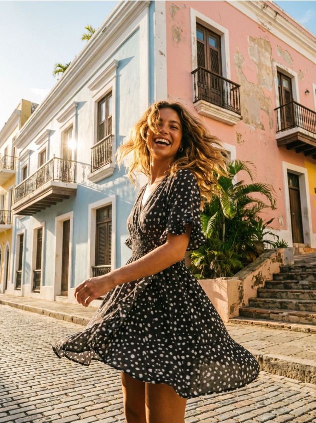 Abito mini a pois con scollo a portafoglio - nero