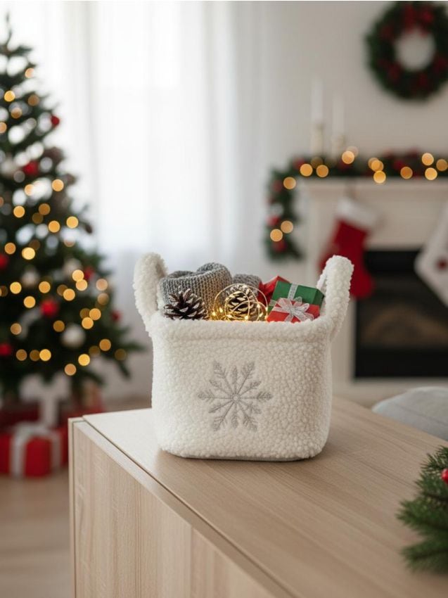 Sinsay - Vianočný úložný kôš s ušami a motívom snehovej vločky - krémová