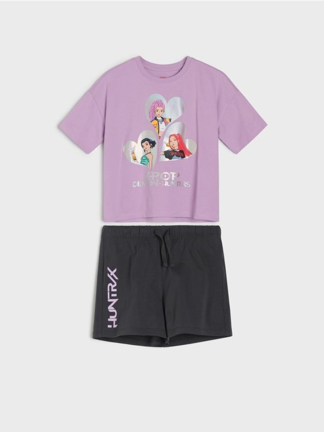 Sinsay - Pijama oversize din bumbac din două piese – tricou boxy și pantaloni scurți K-Pop Demon Hunters - lavand