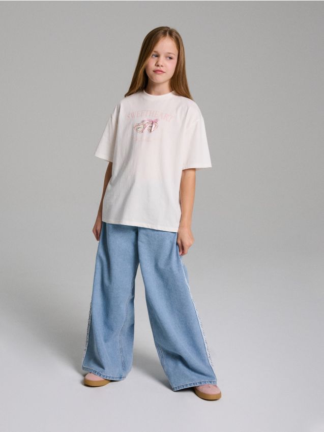 Sinsay - Bavlnené tričko s nápisom - krémová