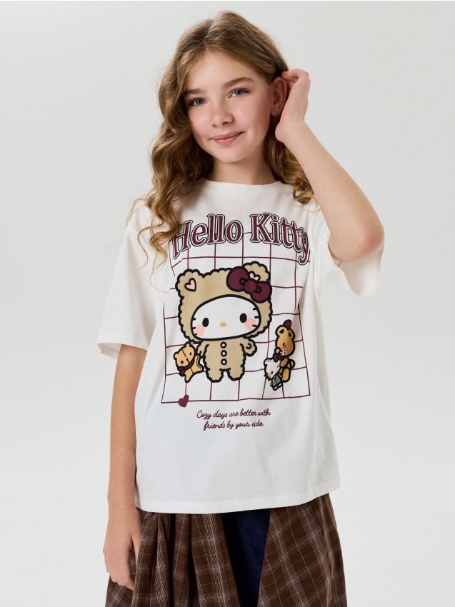 Sinsay - Tricou oversize din bumbac cu imprimeu Hello Kitty - crem