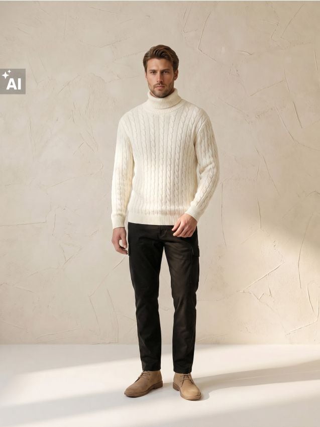 Sinsay - Pulover din bumbac cu guler înalt și model tricotat decorativ - crem