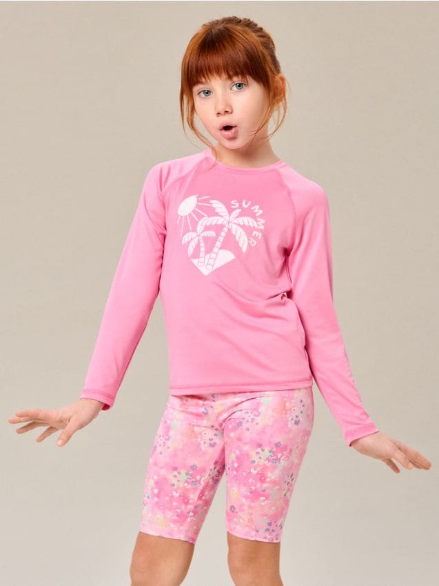 Sinsay - Set cu protecție solară UPF50+: tricou cu mânecă scurtă și pantaloni tip colanți scurți - roz-fuchsia