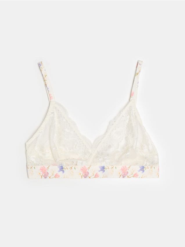Sinsay - Sutien moale din dantelă cu imprimeu floral - crem