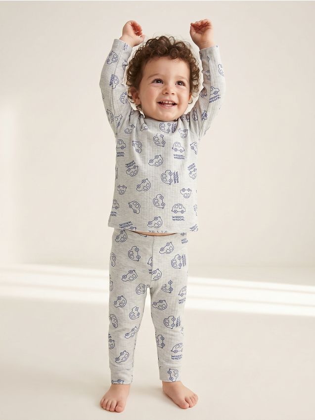 Sinsay - Set din bumbac: tricou cu mânecă lungă și pantaloni cu motiv mașini - gri deschis