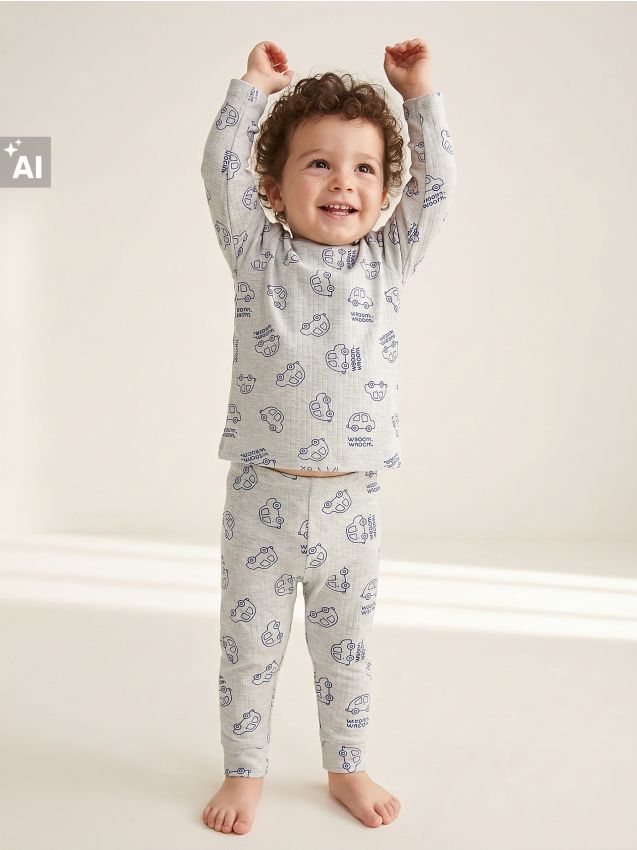 Sinsay - Set din bumbac: tricou cu mânecă lungă și pantaloni cu motiv mașini - gri deschis