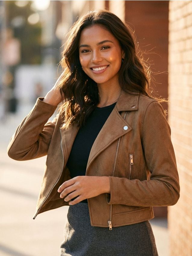 Sinsay - Geacă biker din imitație de piele întoarsă - maro