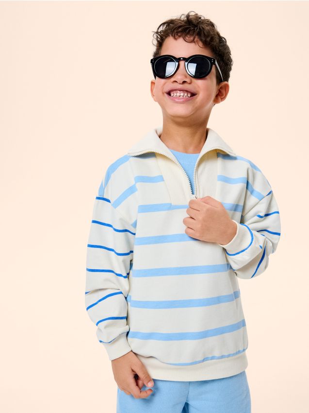 Sinsay - Hanorac din bumbac half-zip cu dungi - crem