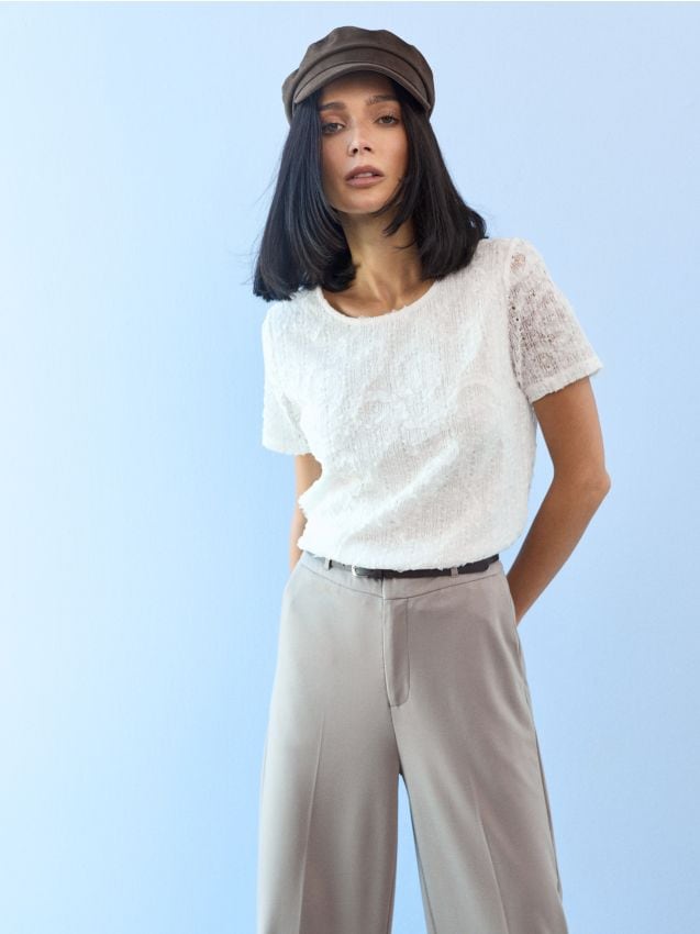Sinsay - Tricou din dantelă - crem