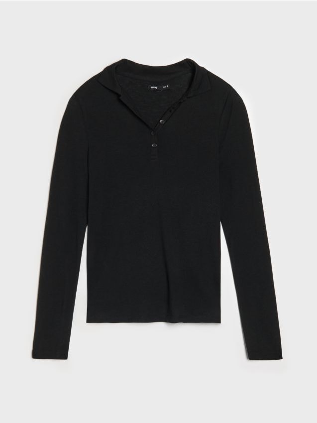 Sinsay - Tricou polo cu mânecă lungă - negru