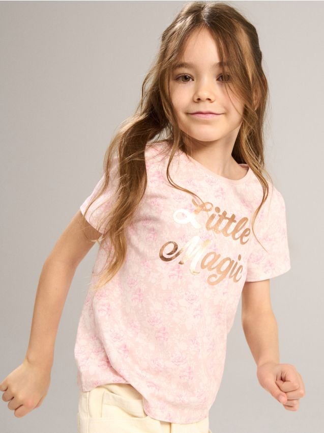 Sinsay - Tricou din bumbac cu mâneci scurte și imprimeu auriu - galben-fosforescent