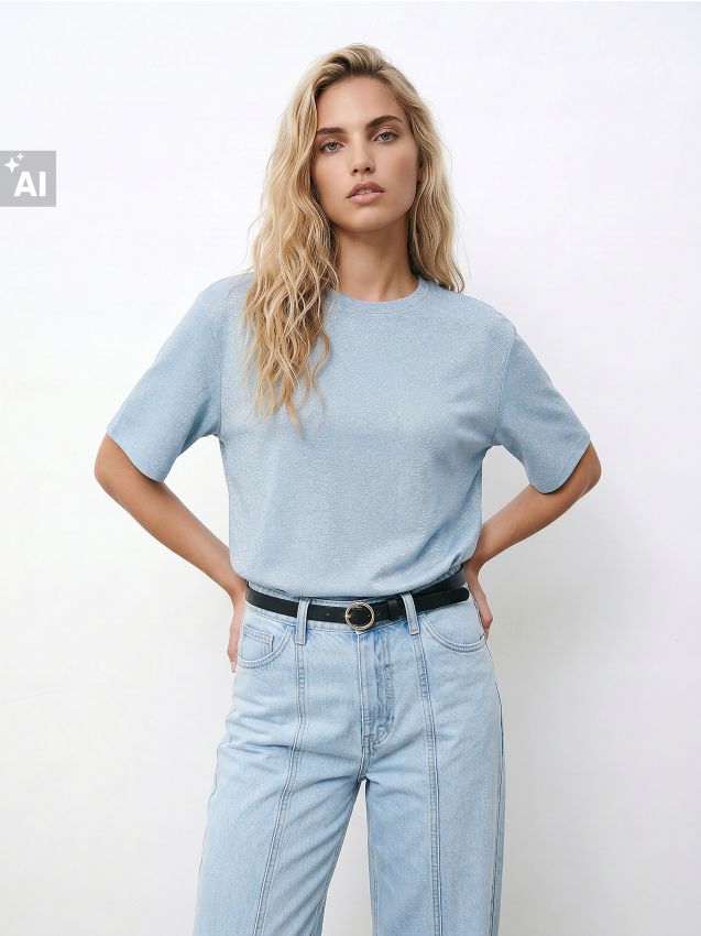 Sinsay - Tricou cu fir metalic și amestec de vâscoză - albastru-pal