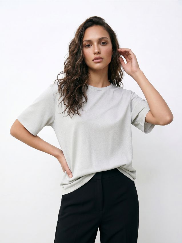 Sinsay - Tricou cu fir metalic și amestec de vâscoză - argintiu