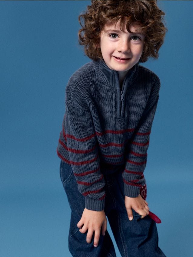 Sinsay - Pulover din bumbac half-zip cu dungi - bleumarin