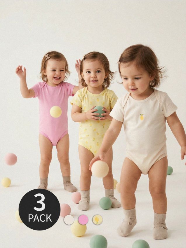 Sinsay - Set 3 body-uri din bumbac cu motiv de lămâi - crem