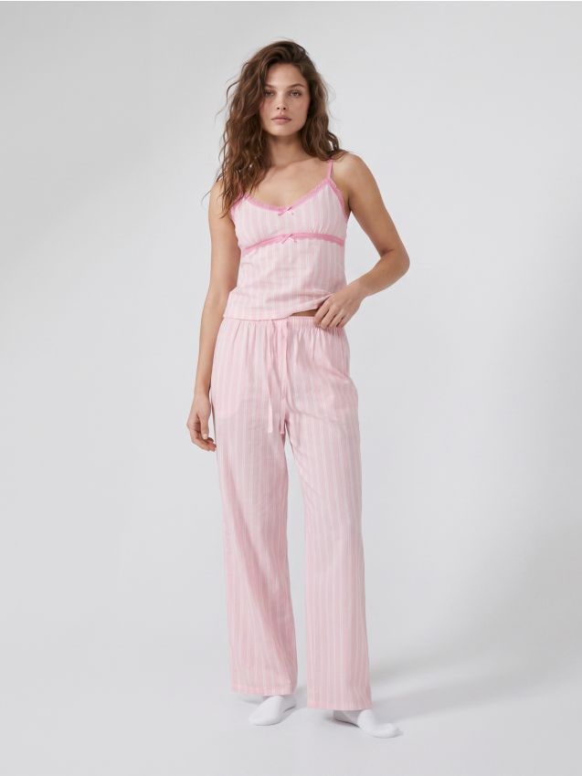 Sinsay - Pantaloni de pijama din bumbac în dungi - roz