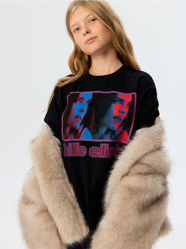 Sinsay - Tricou oversize din bumbac cu imprimeu Billie Eilish - negru