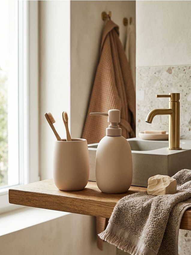 Sinsay - Set: Dispenser de săpun și pahar pentru periuțe - bej