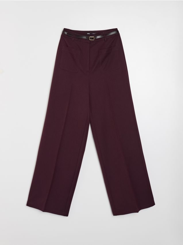 Sinsay - Pantaloni straight leg cu curea și amestec de vâscoză - bordo