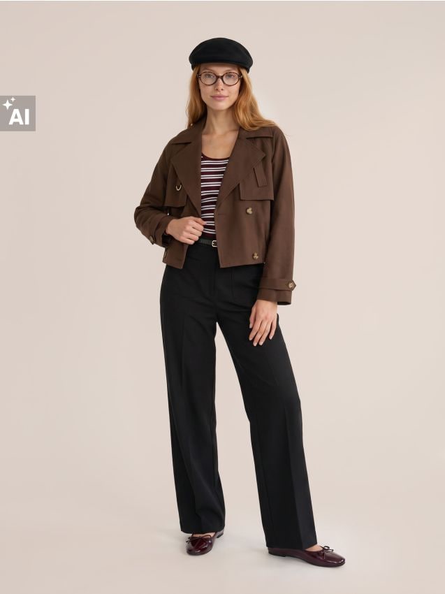 Sinsay - Pantaloni straight leg cu curea și amestec de vâscoză - negru