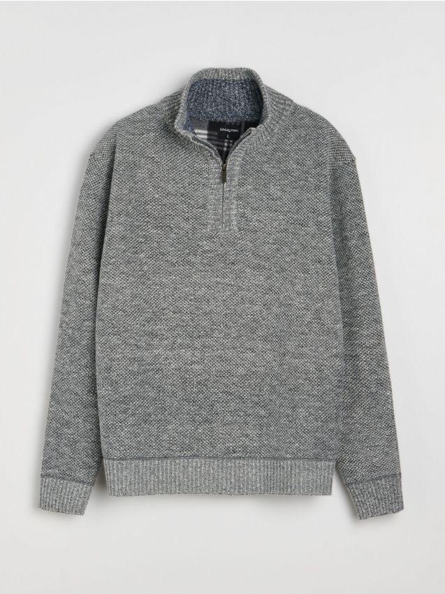 Sinsay - Pulover half-zip cu guler înalt - gri deschis