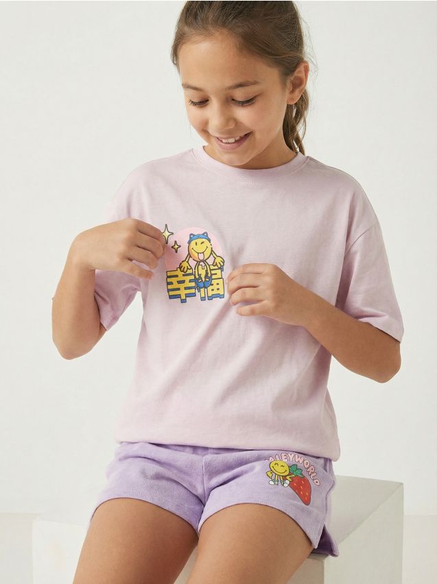 Sinsay - Tricou din bumbac cu imprimeu SmileyWorld - lavand