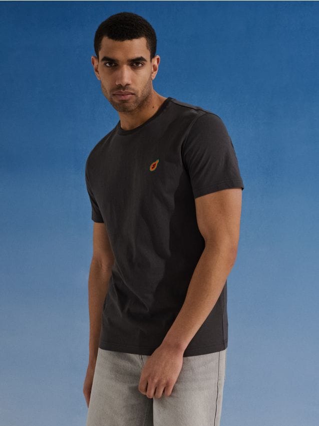 Sinsay - Tricou din bumbac cu broderie în formă de papaya - gri-închis