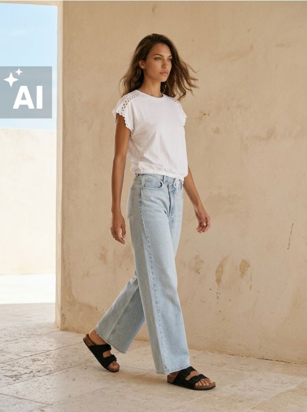 Sinsay - Tricou din bumbac cu detalii ajurate - crem