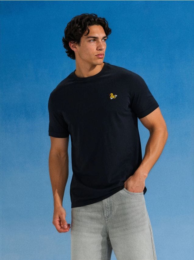 T-shirt in cotone con ricamo paperella - nero