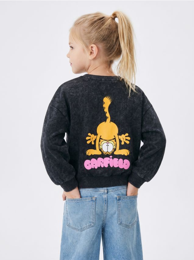 Sinsay - Hanorac crewneck cu efect de spălare și imprimeu Garfield - negru