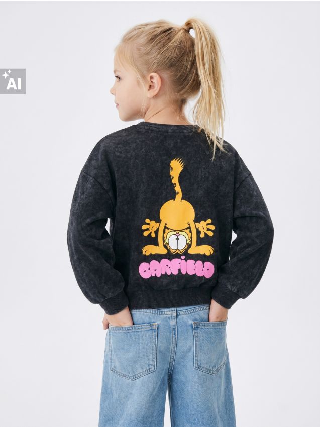 Sinsay - Hanorac crewneck cu efect de spălare și imprimeu Garfield - negru