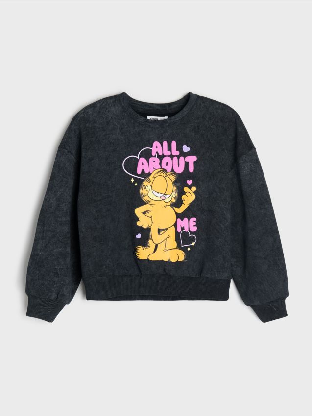 Sinsay - Hanorac crewneck cu efect de spălare și imprimeu Garfield - negru