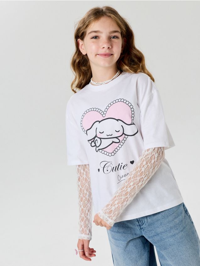 Sinsay - Bluză cu imprimeu și mâneci din dantelă Cinnamoroll - alb