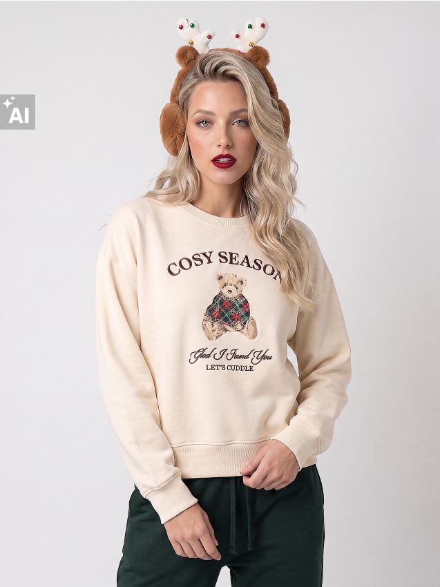 Sinsay - Bluză crewneck cu bumbac - nude