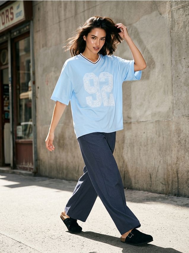 Sinsay - Tricou cu decolteu în „V” - albastru-pal