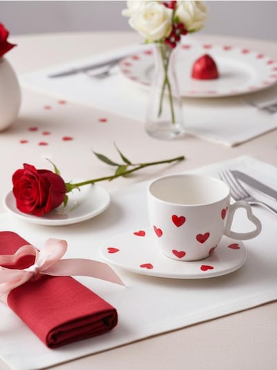 Valentin-napi csésze és csészealj szett szíves mintával