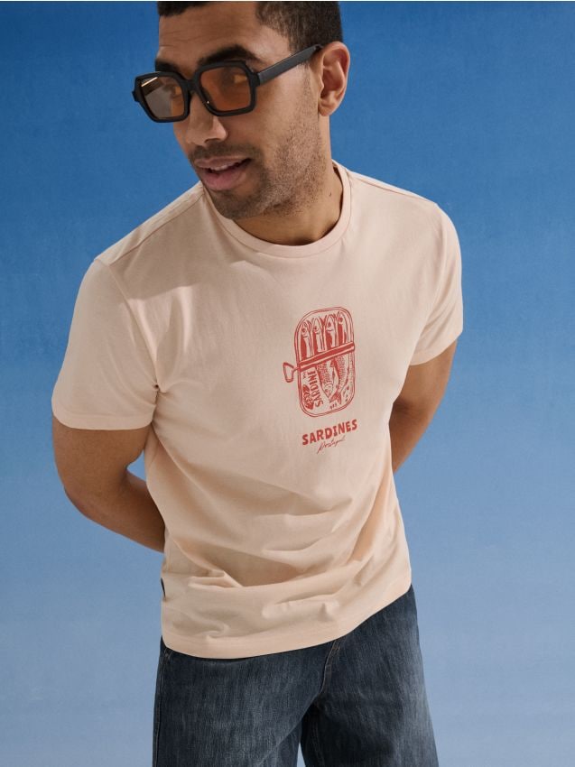 Sinsay - Tricou din bumbac cu mânecă scurtă cu imprimeu - roz-pastel