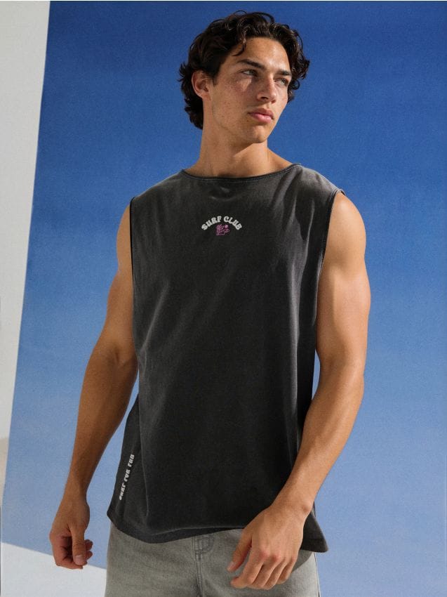 Sinsay - Tricou din bumbac cu imprimeu de vacanță - gri-închis