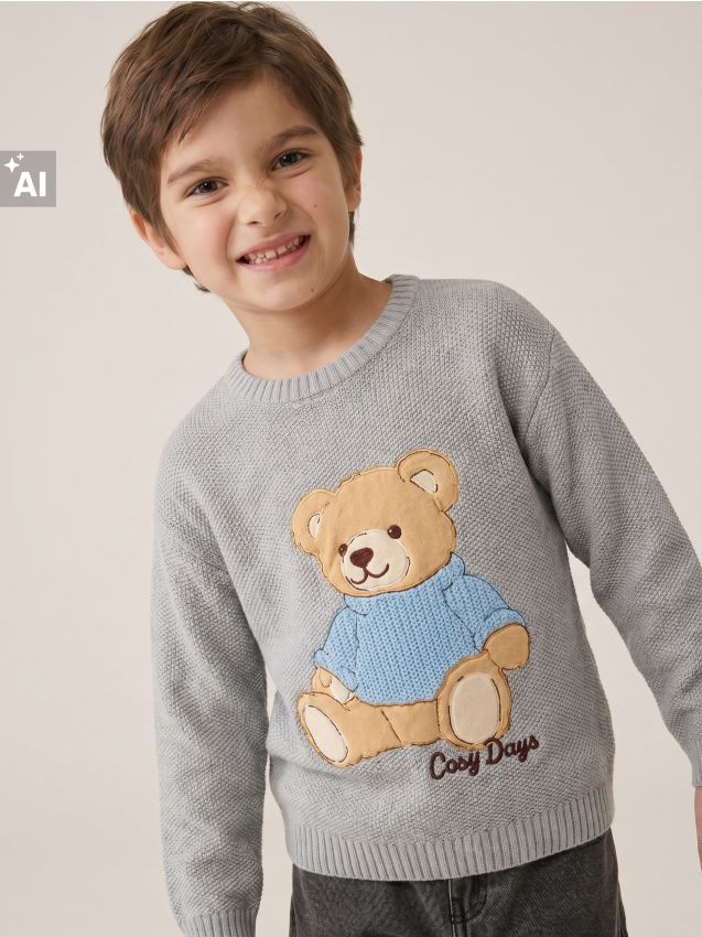 Sinsay - Pulover din bumbac loose fit cu motiv ursuleț - gri deschis