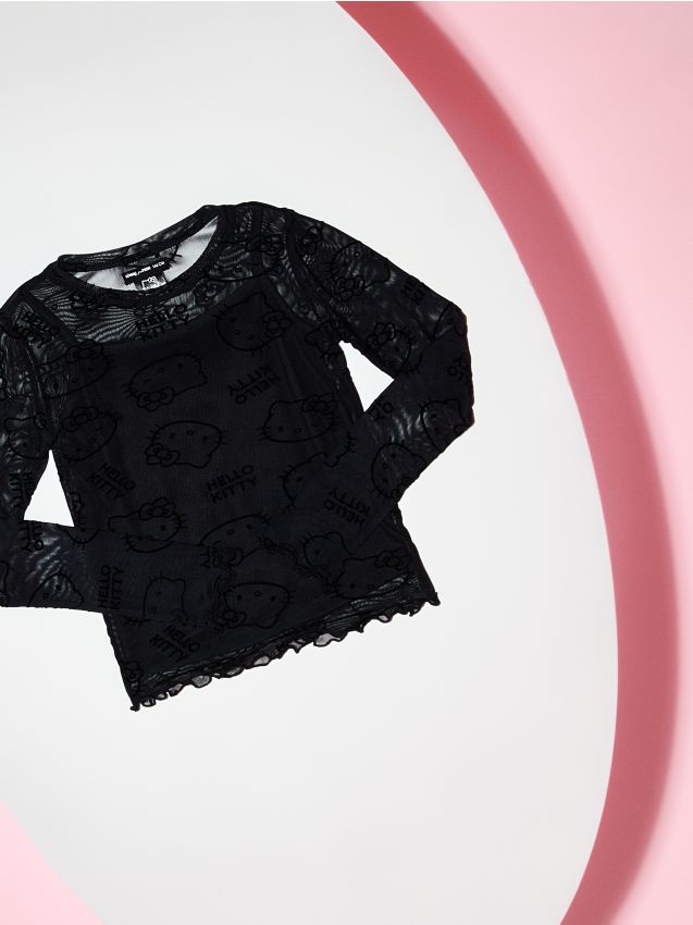 Sinsay - Bluză din plasă cu două straturi și imprimeu flocat Hello Kitty - negru