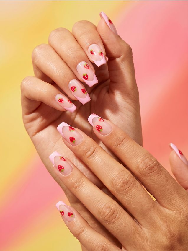 Sinsay - Unghii false pătrate french cu model de căpșuni - roz-pastel