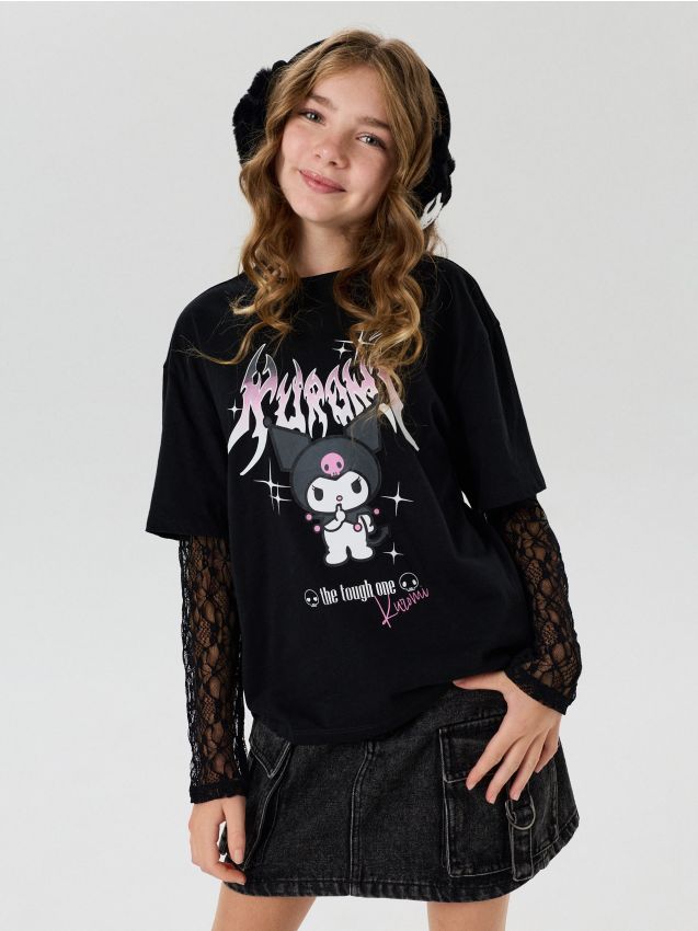 Sinsay - Tricou din bumbac cu mâneci din dantelă și imprimeu Kuromi - negru