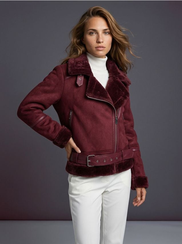 Giacca biker in simil camoscio con pelliccia sintetica - bordeaux